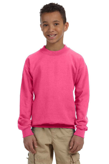 Gildan 18000B Youth Pill Resistant Fleece Crewneck Sweatshirt Safety Pink Model Front