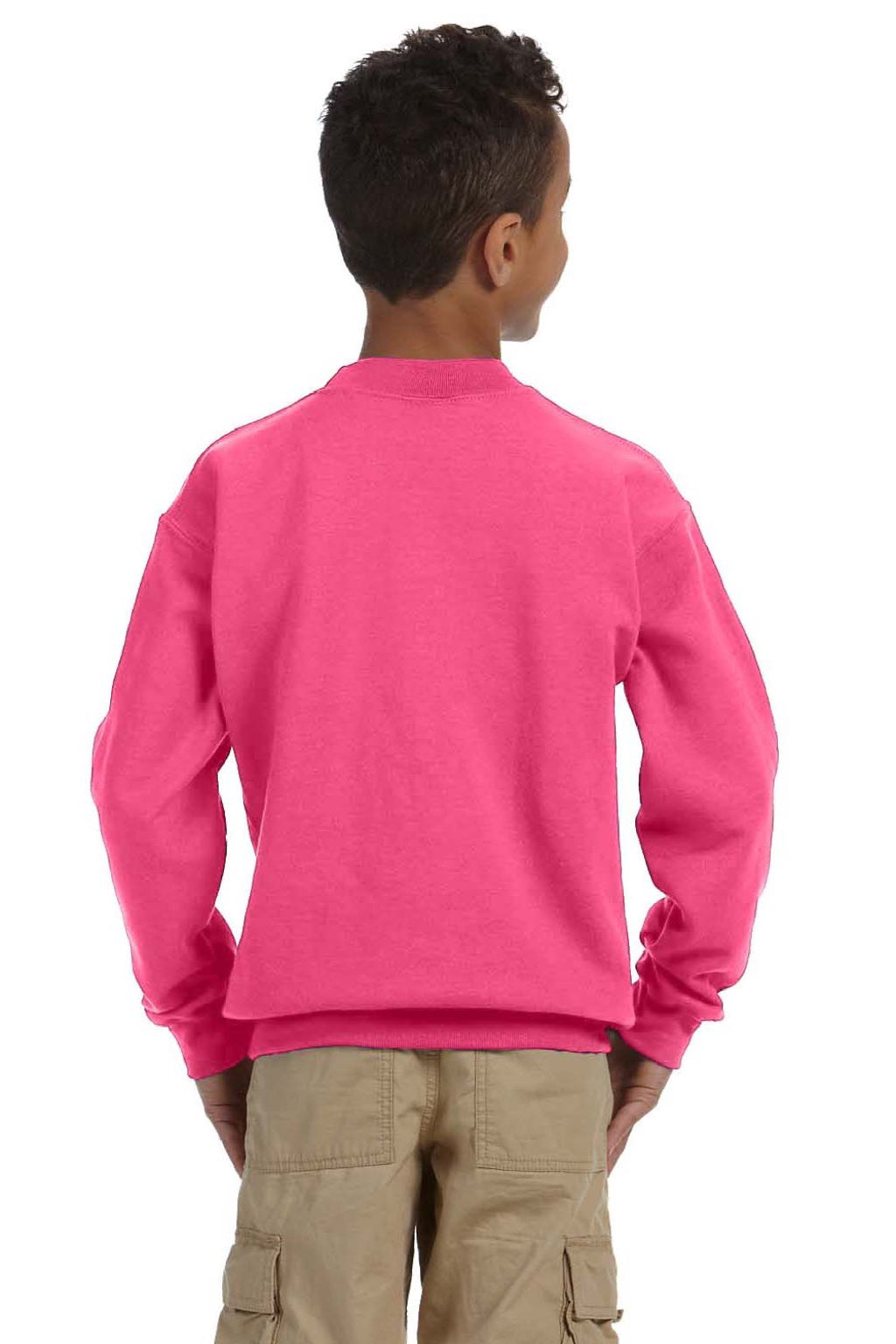 Gildan 18000B Youth Pill Resistant Fleece Crewneck Sweatshirt Safety Pink Model Back