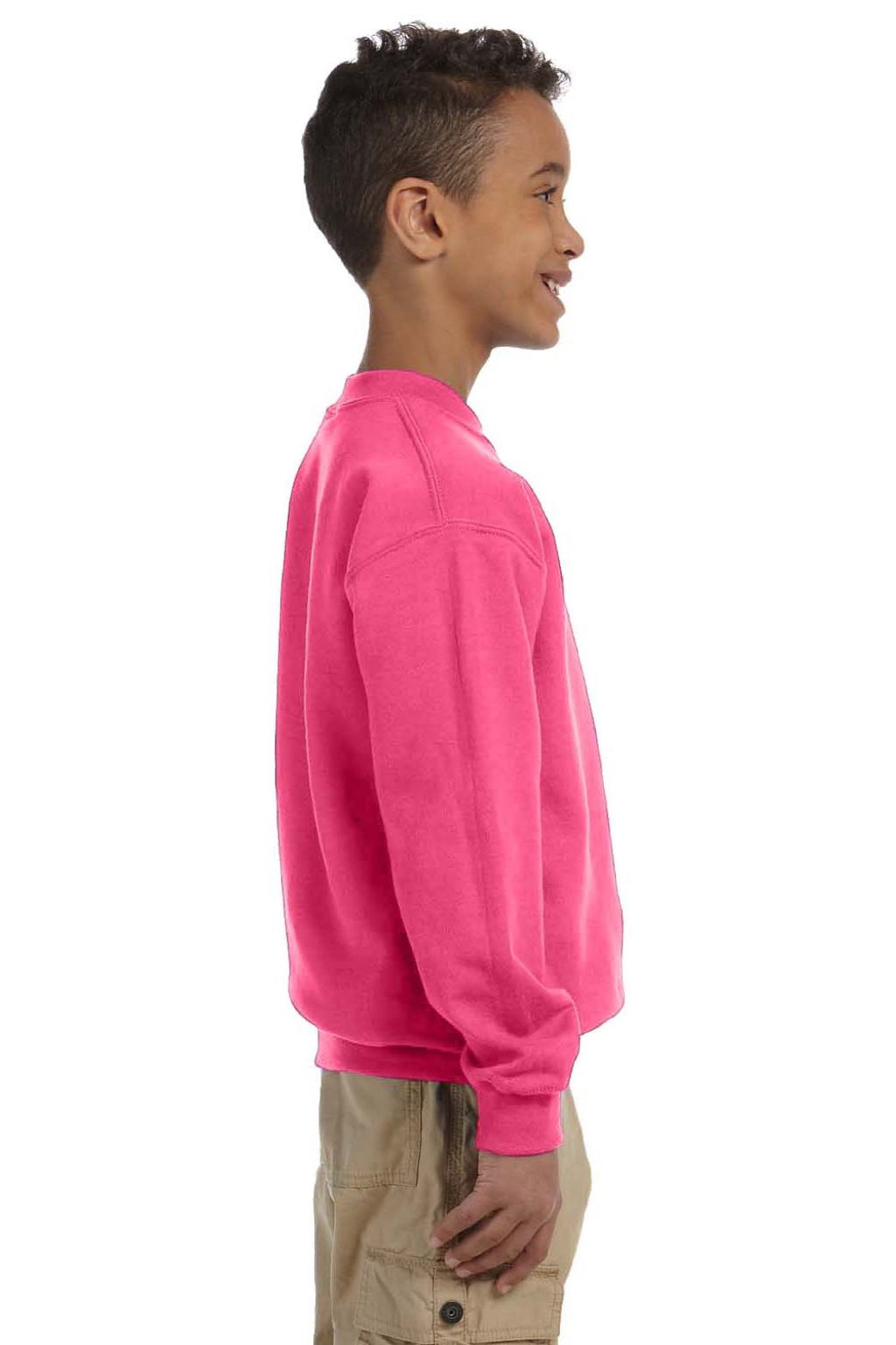 Gildan 18000B Youth Pill Resistant Fleece Crewneck Sweatshirt Safety Pink Model Side