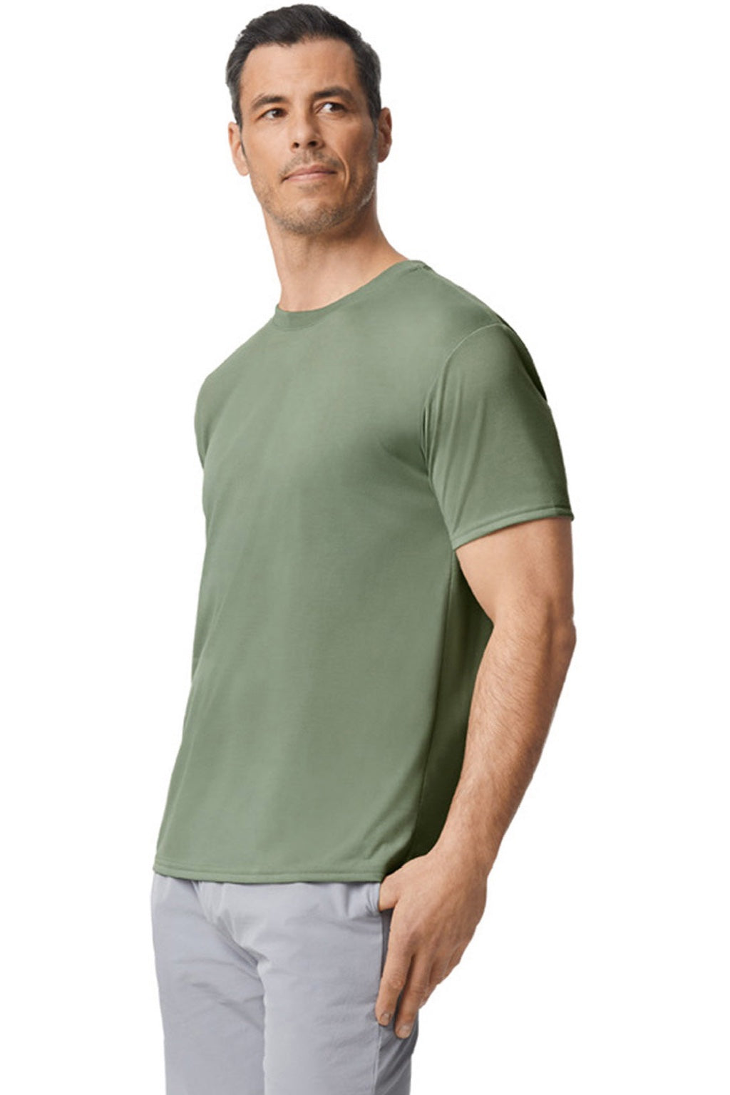 Gildan 42000 Mens Performance Jersey Moisture Wicking Short Sleeve Crewneck T-Shirt Sage Green Model Side