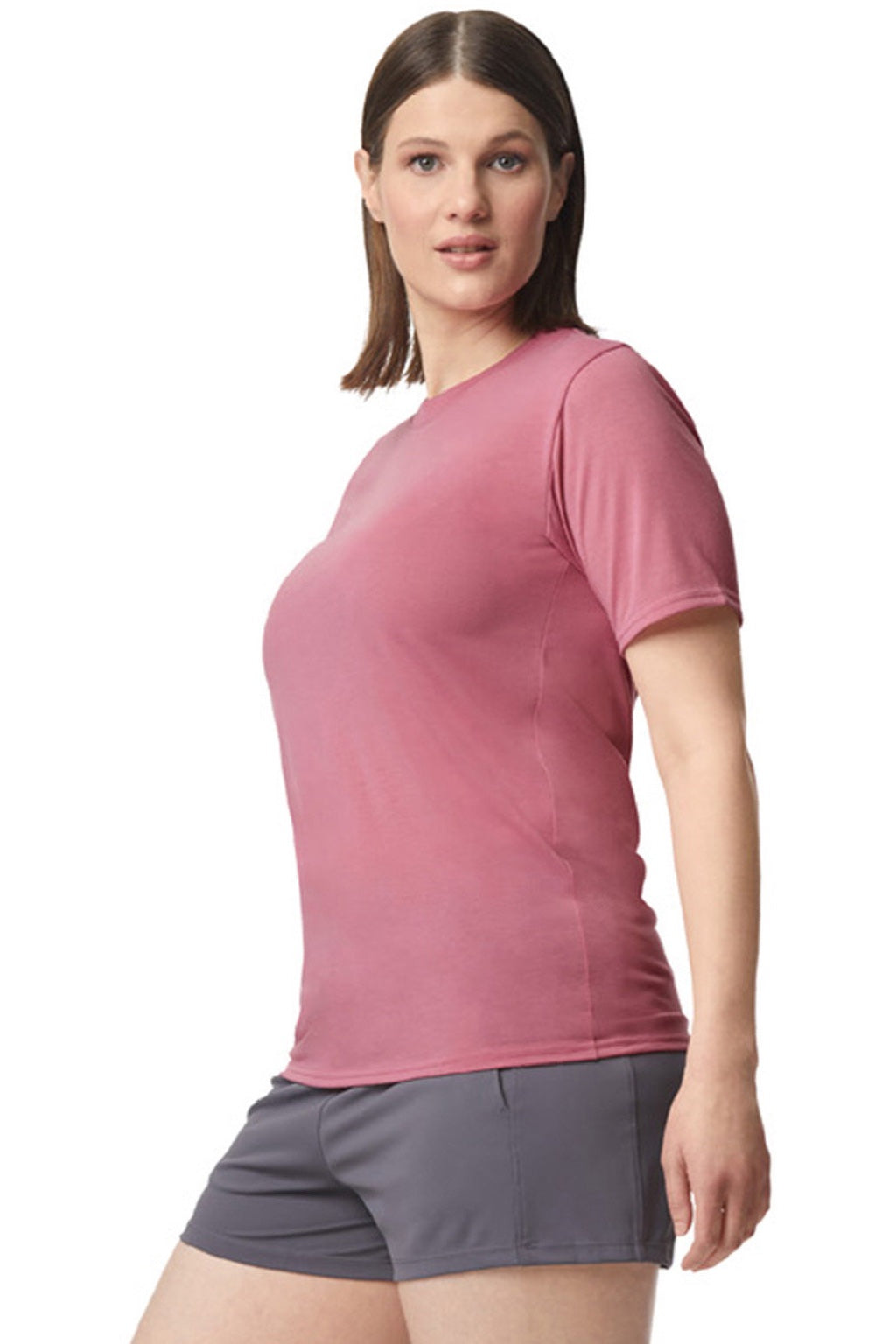 Gildan 42000 Mens Performance Jersey Moisture Wicking Short Sleeve Crewneck T-Shirt Plumrose Model Side