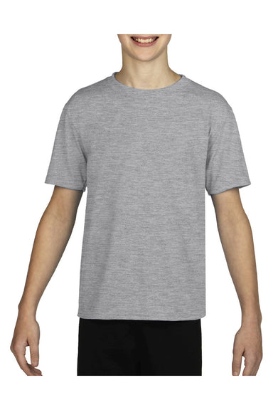 Gildan 42000B Youth Performance Jersey Moisture Wicking Short Sleeve Crewneck T-Shirt Sport Grey Model Front