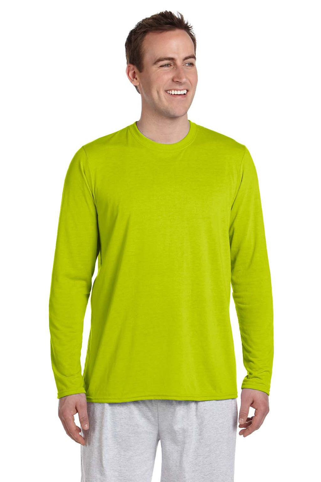 Gildan 42400 Mens Performance Jersey Moisture Wicking Long Sleeve Crewneck T-Shirt Safety Green Model Front