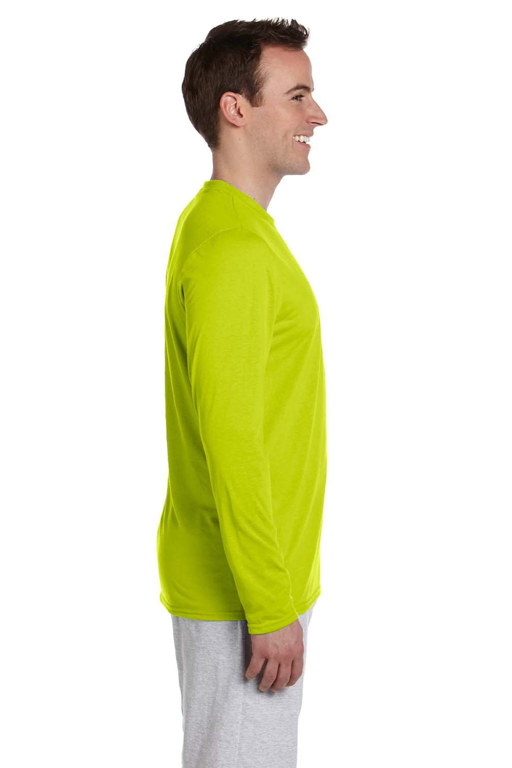 Gildan 42400 Mens Performance Jersey Moisture Wicking Long Sleeve Crewneck T-Shirt Safety Green Model Side