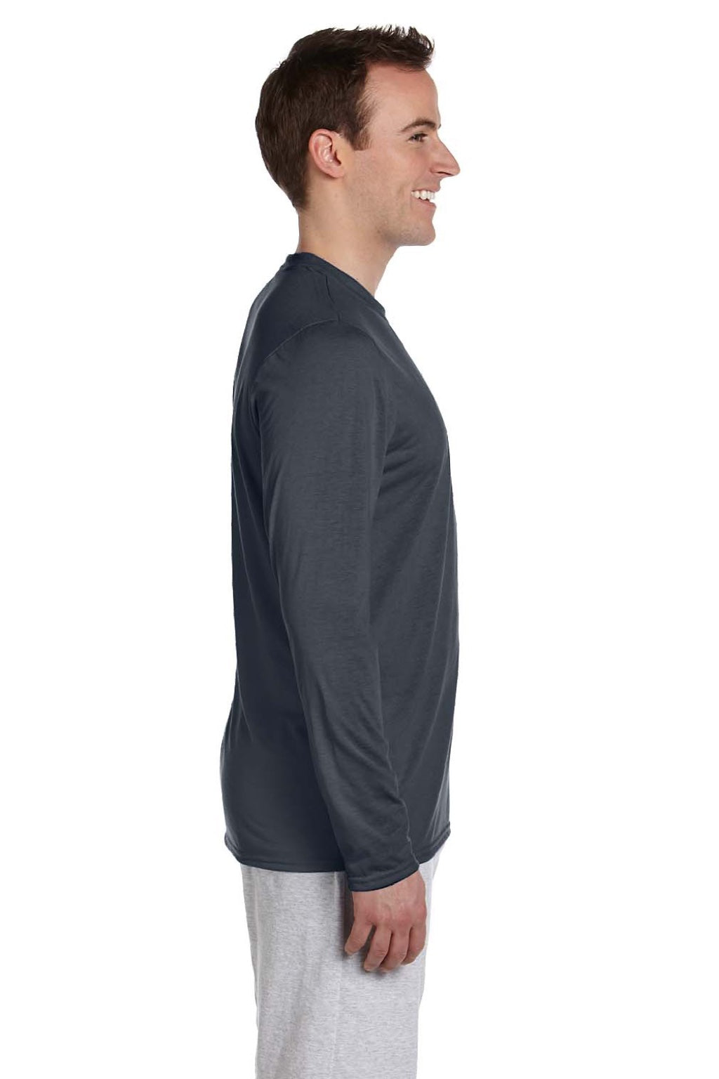 Gildan 42400 Mens Performance Jersey Moisture Wicking Long Sleeve Crewneck T-Shirt Charcoal Grey Model Side