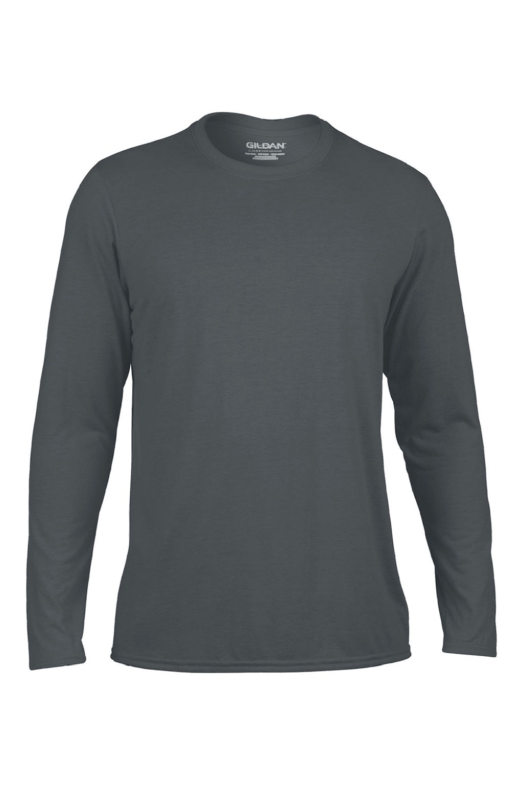 Gildan 42400 Mens Performance Jersey Moisture Wicking Long Sleeve Crewneck T-Shirt Charcoal Grey Flat Front