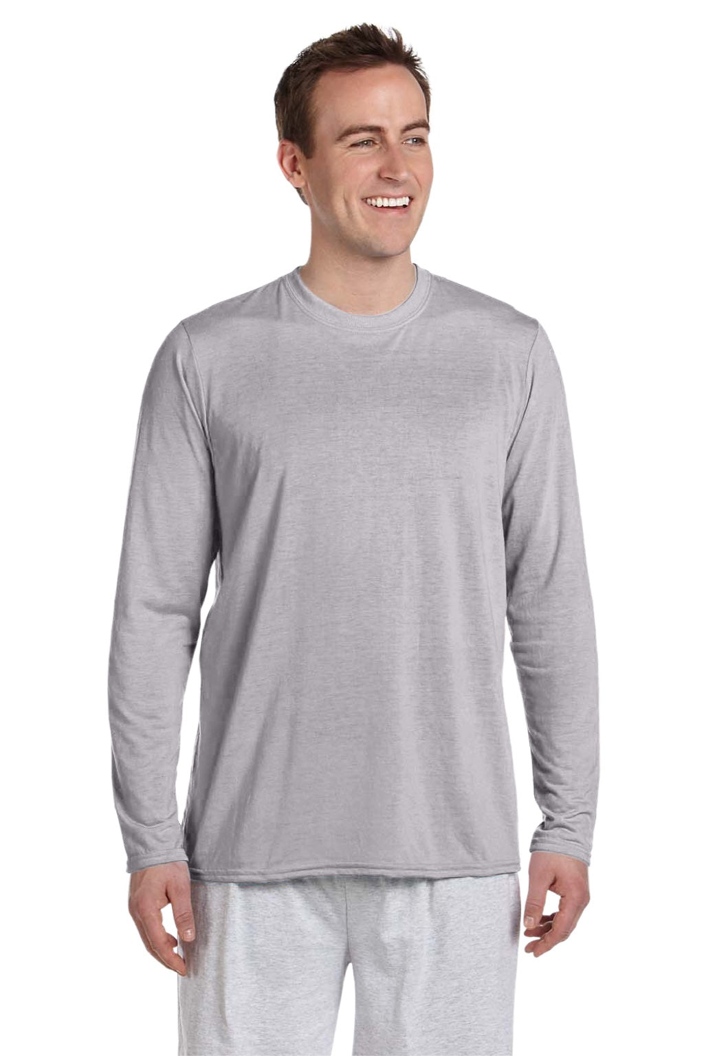 Gildan 42400 Mens Performance Jersey Moisture Wicking Long Sleeve Crewneck T-Shirt Sport Grey Model Front