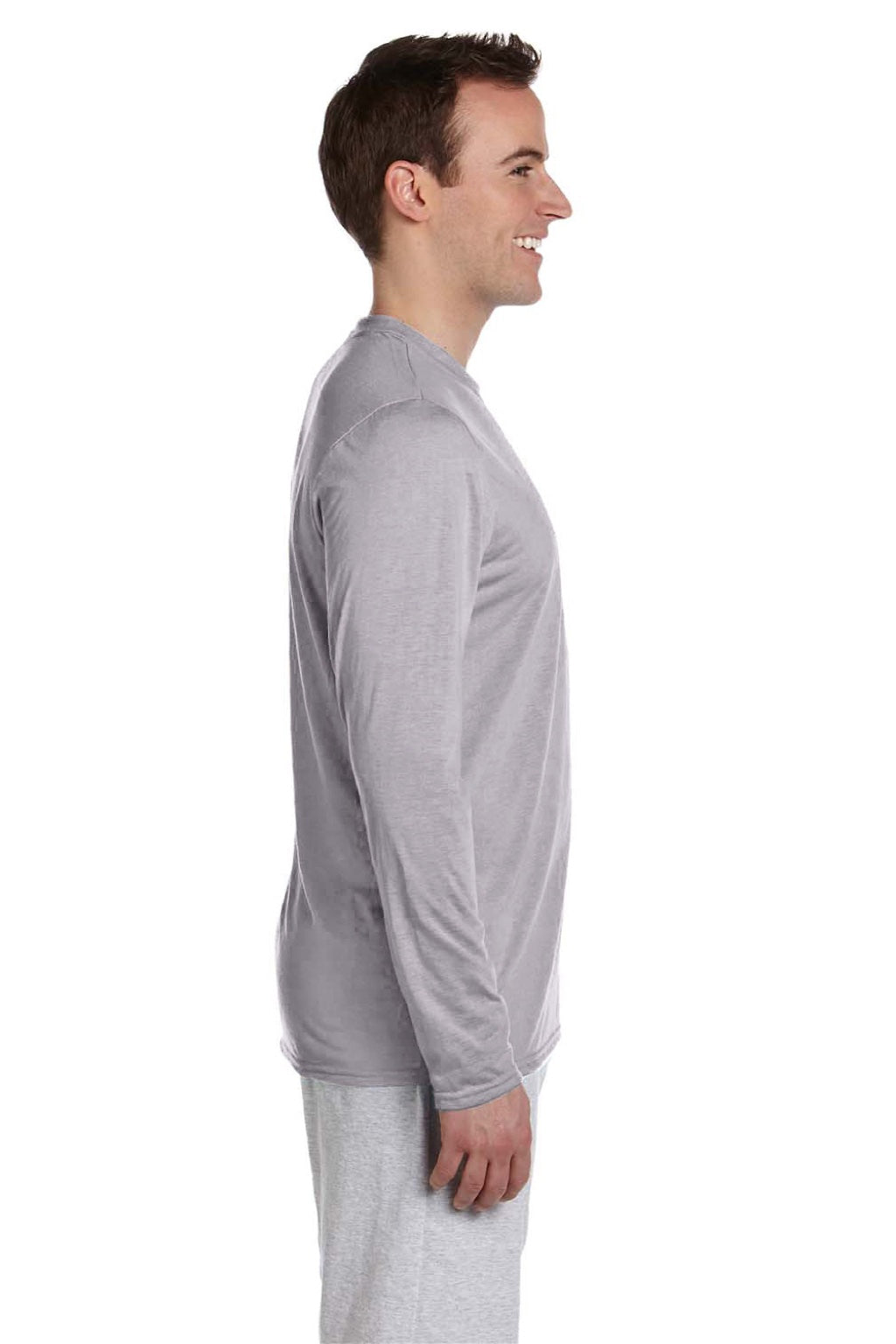 Gildan 42400 Mens Performance Jersey Moisture Wicking Long Sleeve Crewneck T-Shirt Sport Grey Model Side