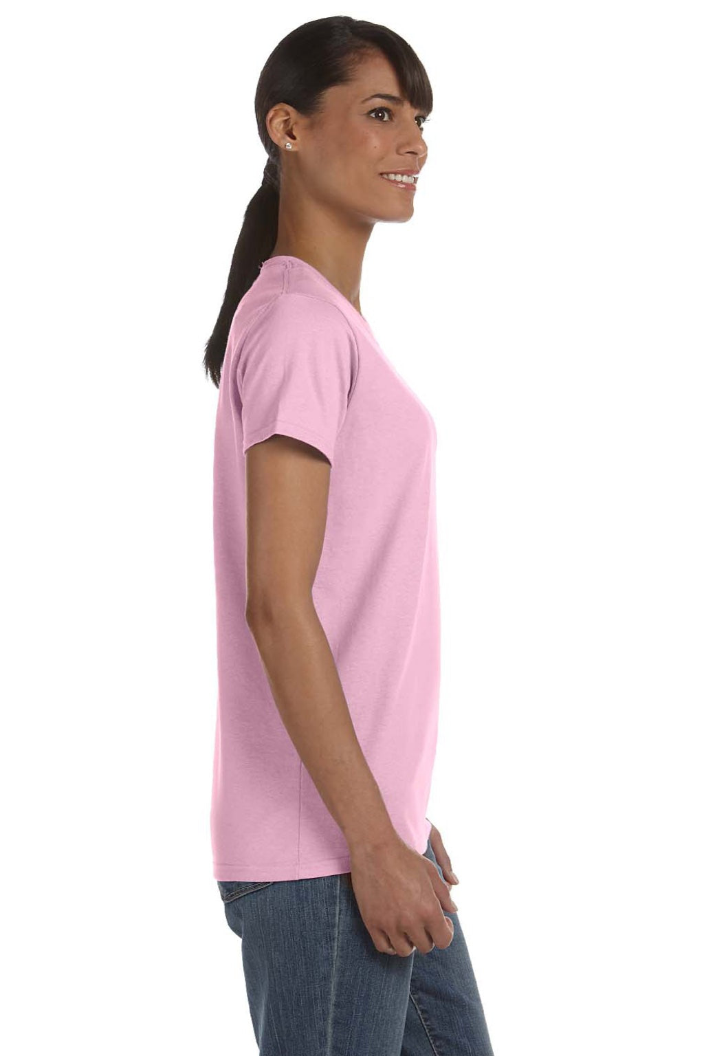 Gildan 5000L Womens Short Sleeve Crewneck T-Shirt Light Pink Model Side
