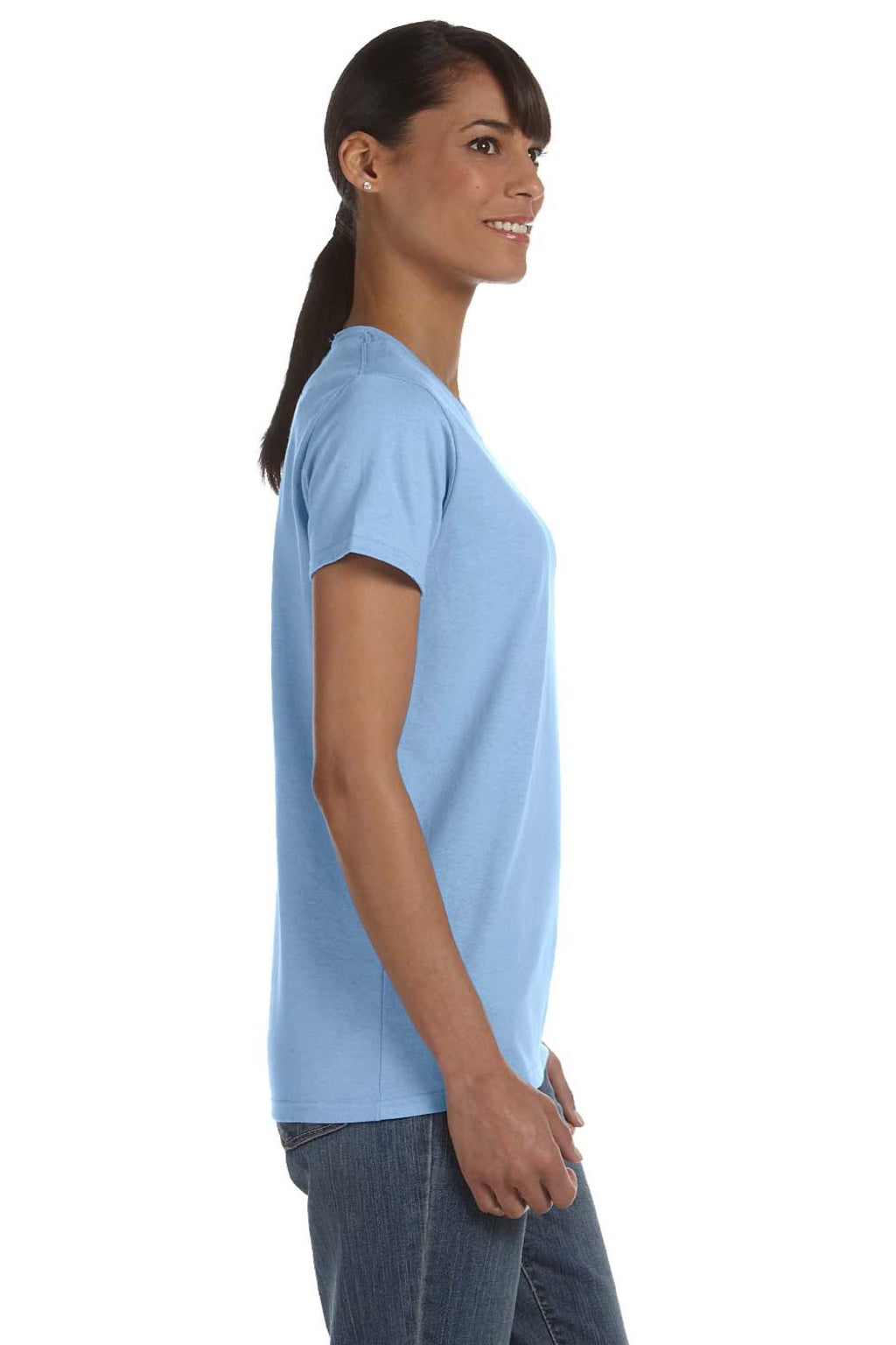 Gildan 5000L Womens Short Sleeve Crewneck T-Shirt Light Blue Model Side