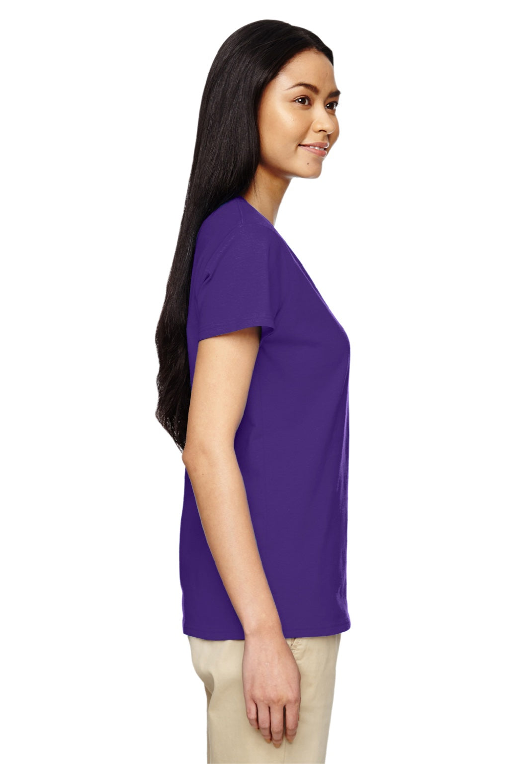 Gildan 5V00L Womens Short Sleeve V-Neck T-Shirt Purple Model Side
