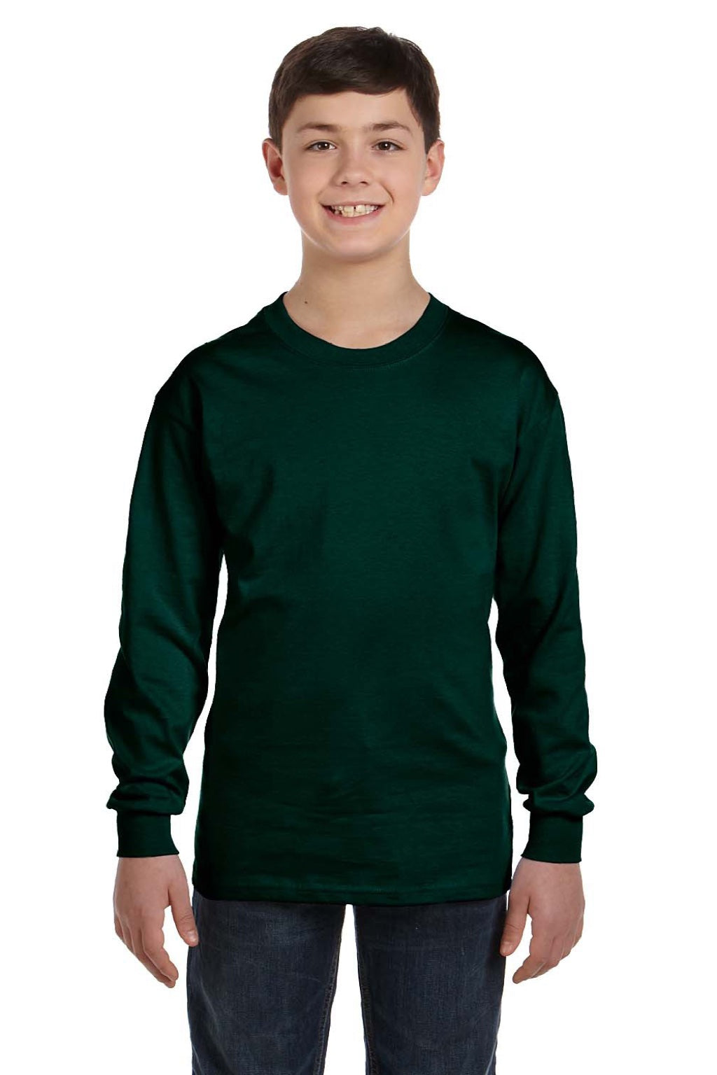Gildan 5400B Youth Long Sleeve Crewneck T-Shirt Forest Green Model Front