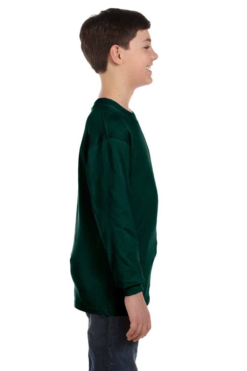 Gildan 5400B Youth Long Sleeve Crewneck T-Shirt Forest Green Model Side