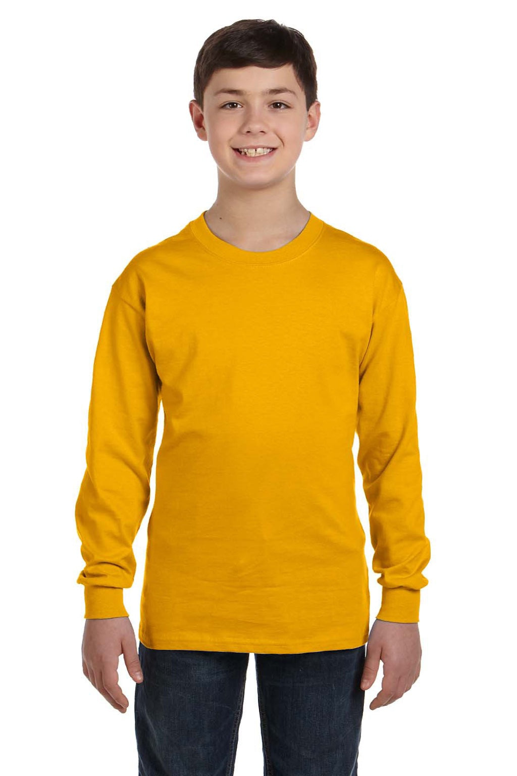 Gildan 5400B Youth Long Sleeve Crewneck T-Shirt Gold Model Front