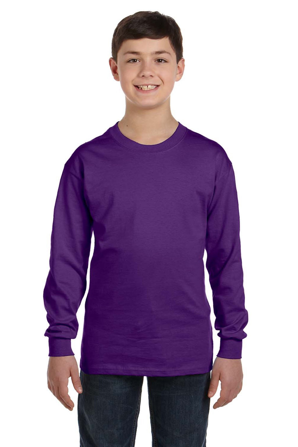 Gildan 5400B Youth Long Sleeve Crewneck T-Shirt Purple Model Front