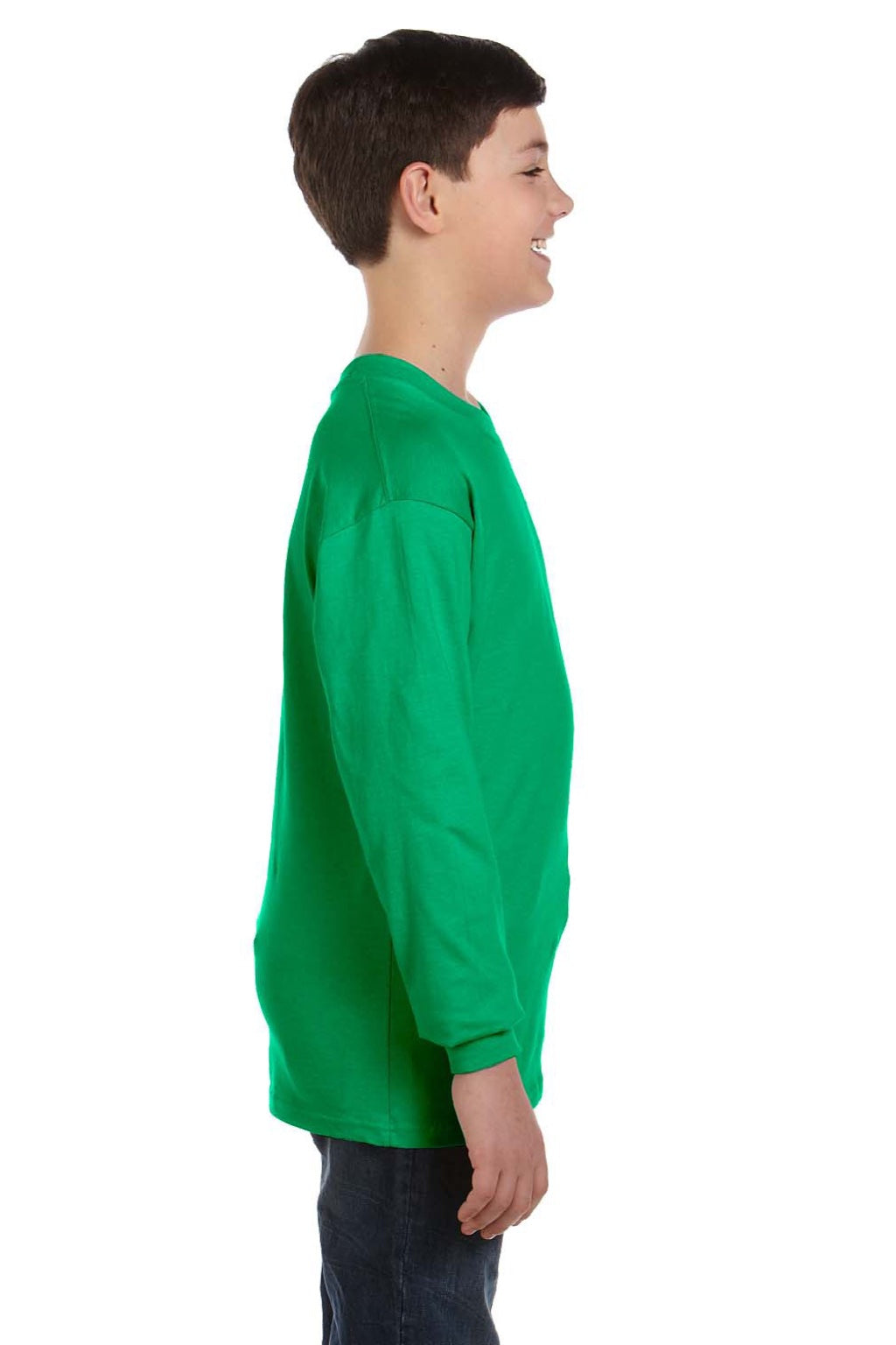 Gildan 5400B Youth Long Sleeve Crewneck T-Shirt Irish Green Model Side