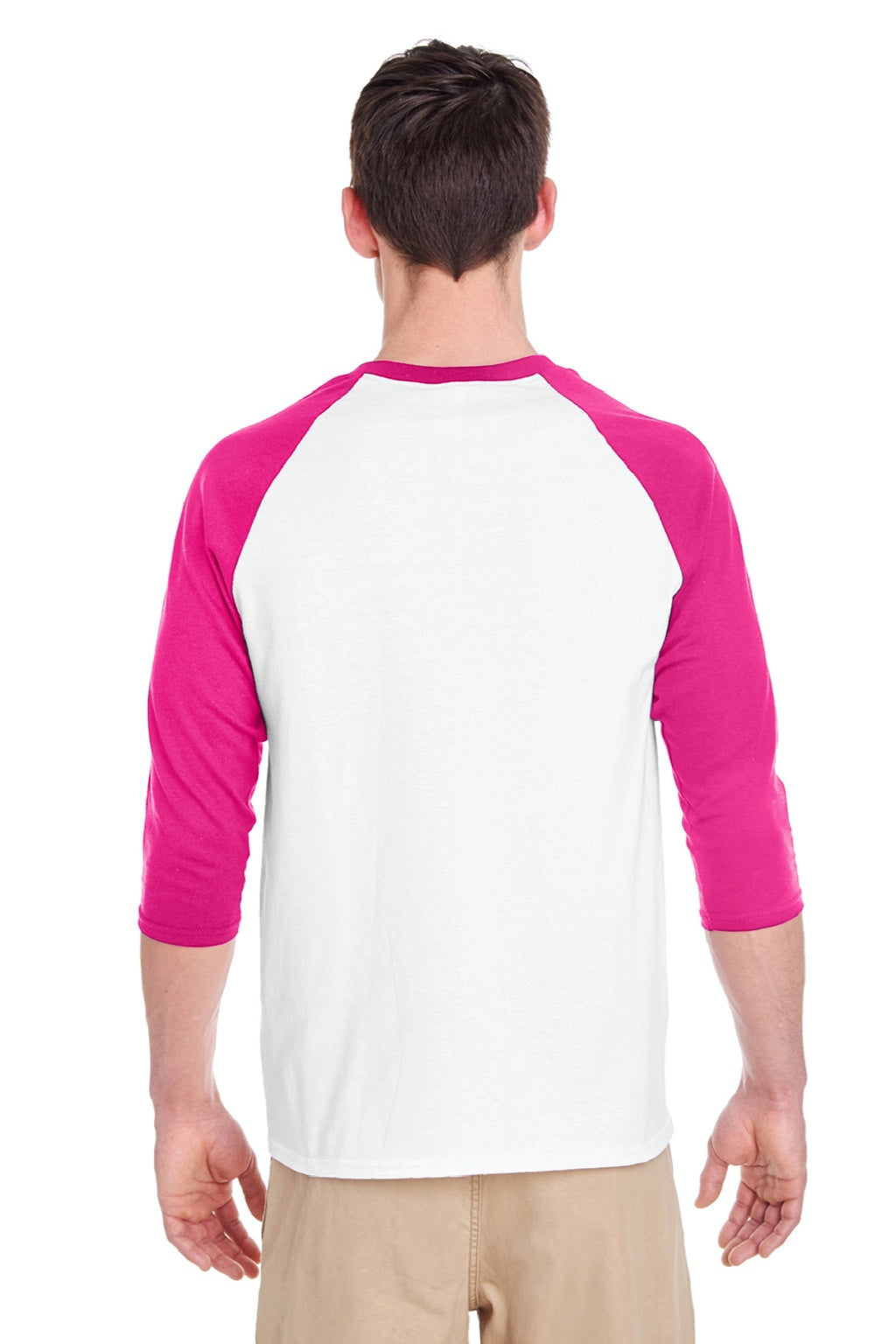 Gildan 5700 Mens 3/4 Sleeve Crewneck T-Shirt White/Heliconia Pink Model Back