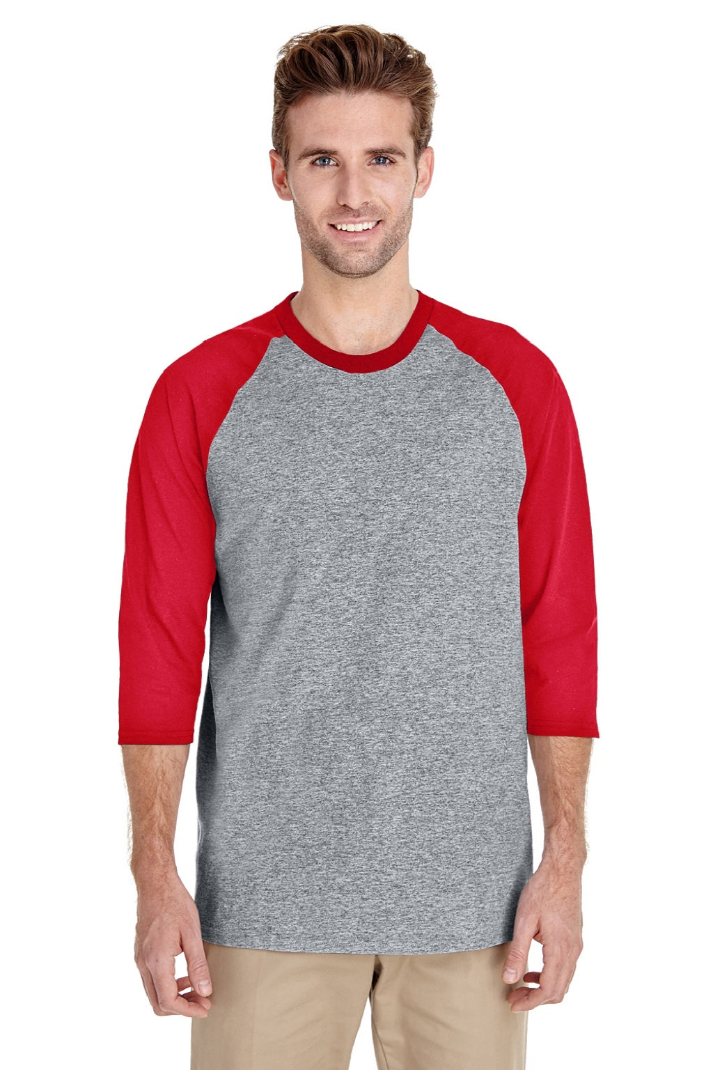 Gildan 5700 Mens 3/4 Sleeve Crewneck T-Shirt Sport Grey/Red Model Front