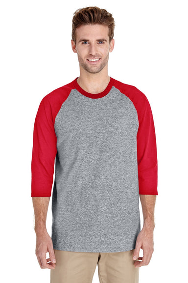 Gildan 5700 Mens 3/4 Sleeve Crewneck T-Shirt Sport Grey/Red Model Front