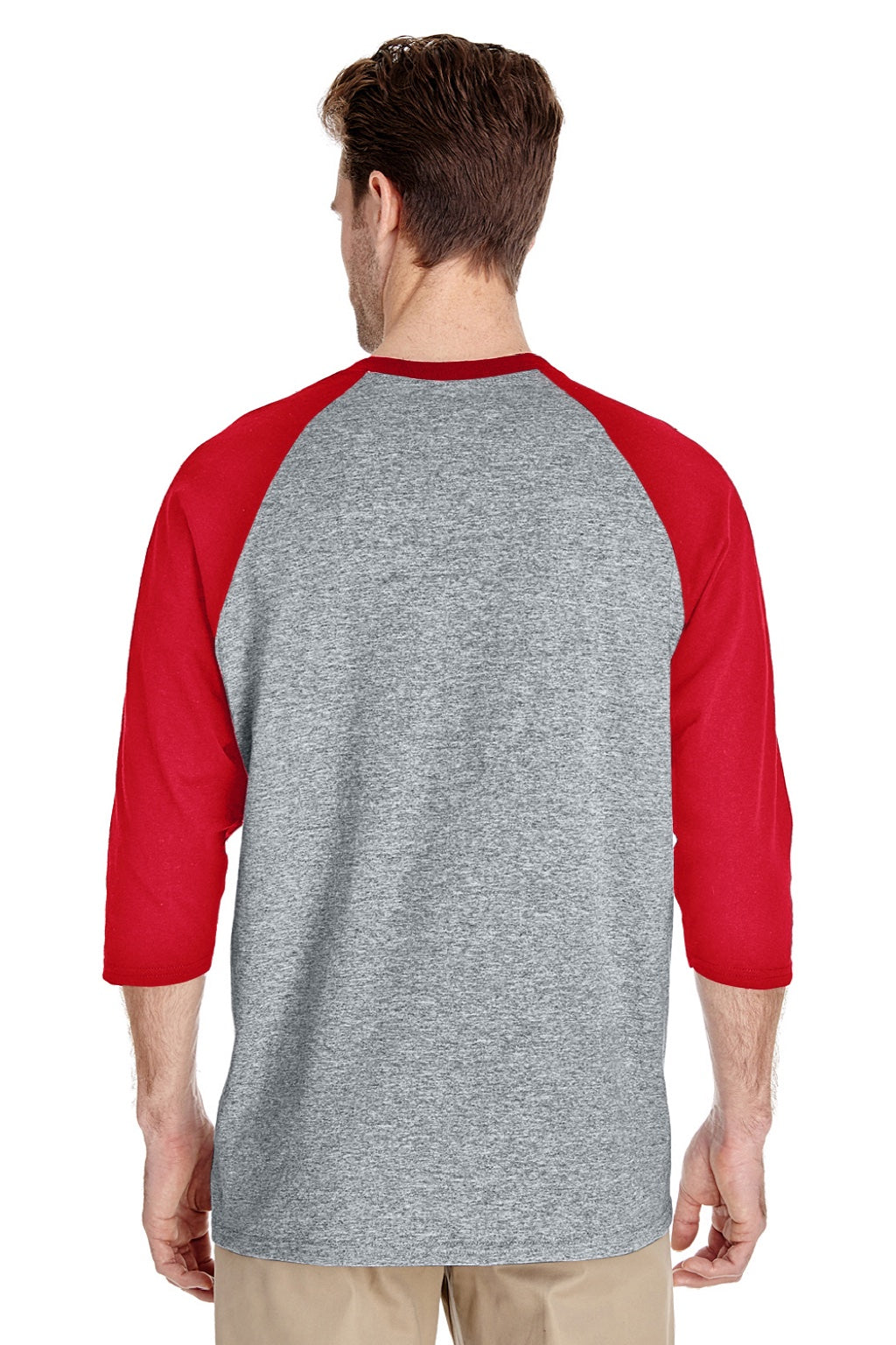 Gildan 5700 Mens 3/4 Sleeve Crewneck T-Shirt Sport Grey/Red Model Back