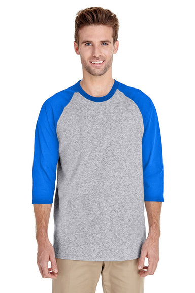 Gildan 5700 Mens 3/4 Sleeve Crewneck T-Shirt Sport Grey/Royal Blue Model Front