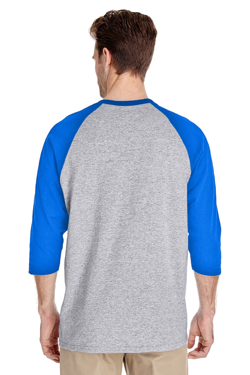 Gildan 5700 Mens 3/4 Sleeve Crewneck T-Shirt Sport Grey/Royal Blue Model Back