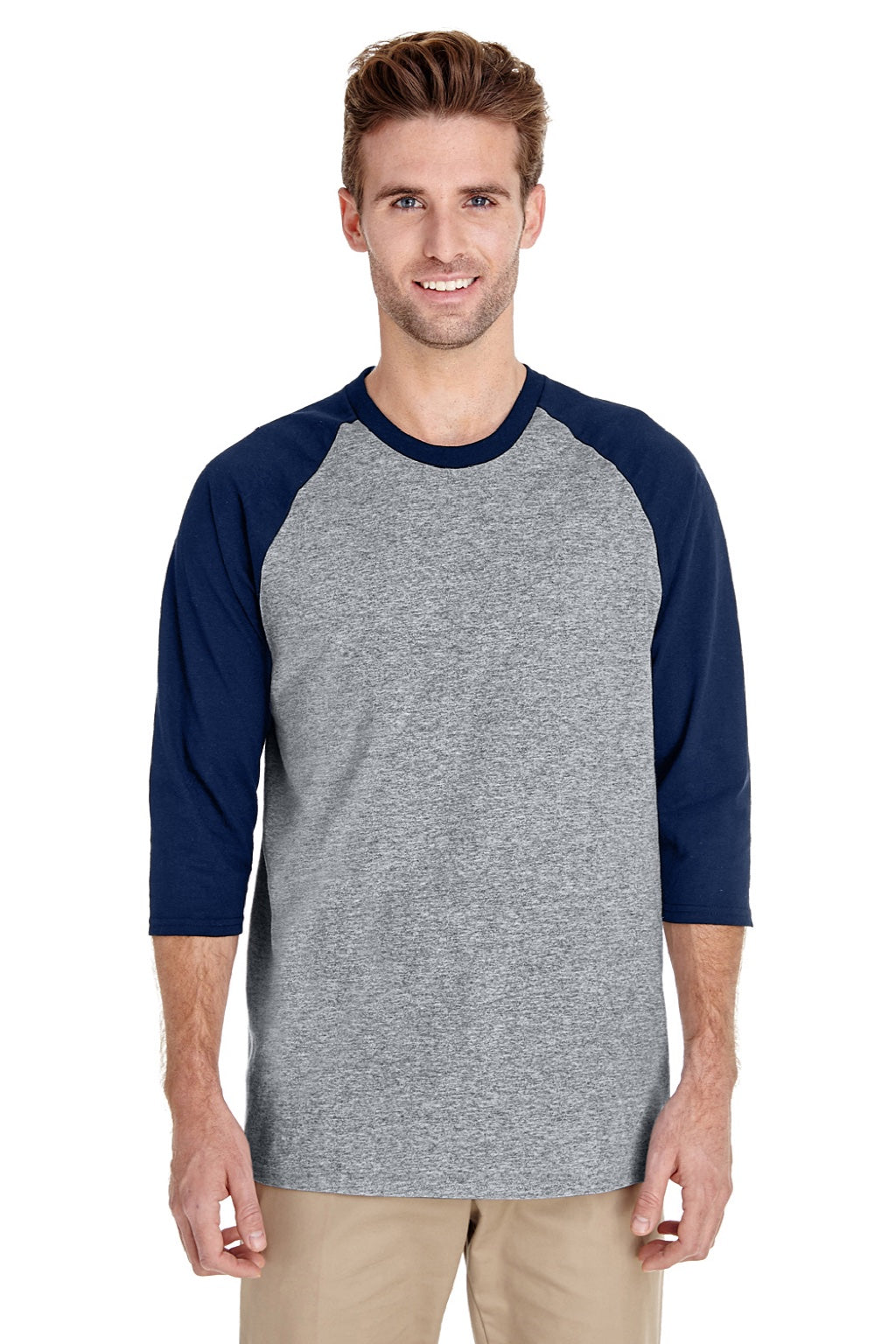 Gildan 5700 Mens 3/4 Sleeve Crewneck T-Shirt Sport Grey/Navy Blue Model Front