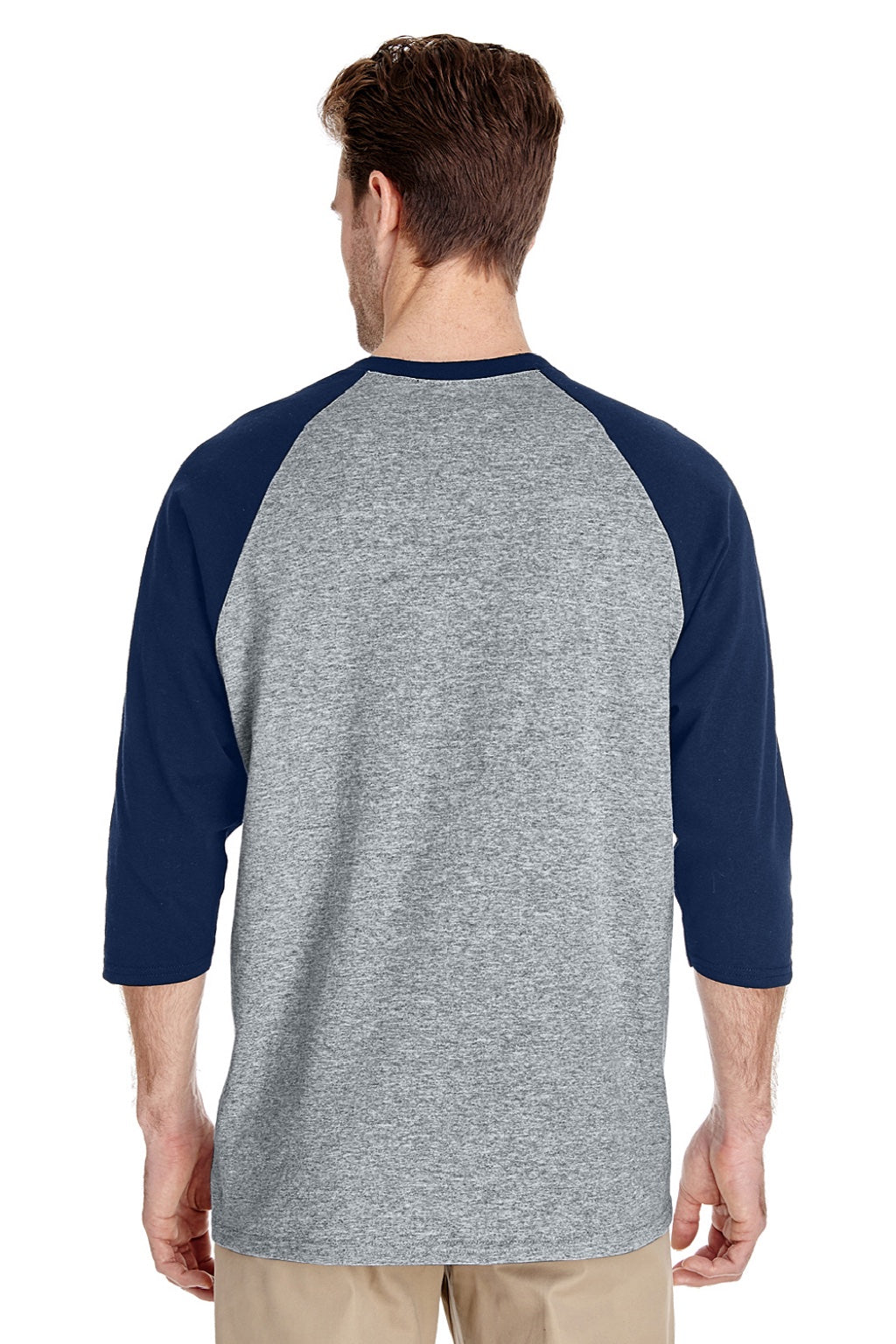Gildan 5700 Mens 3/4 Sleeve Crewneck T-Shirt Sport Grey/Navy Blue Model Back