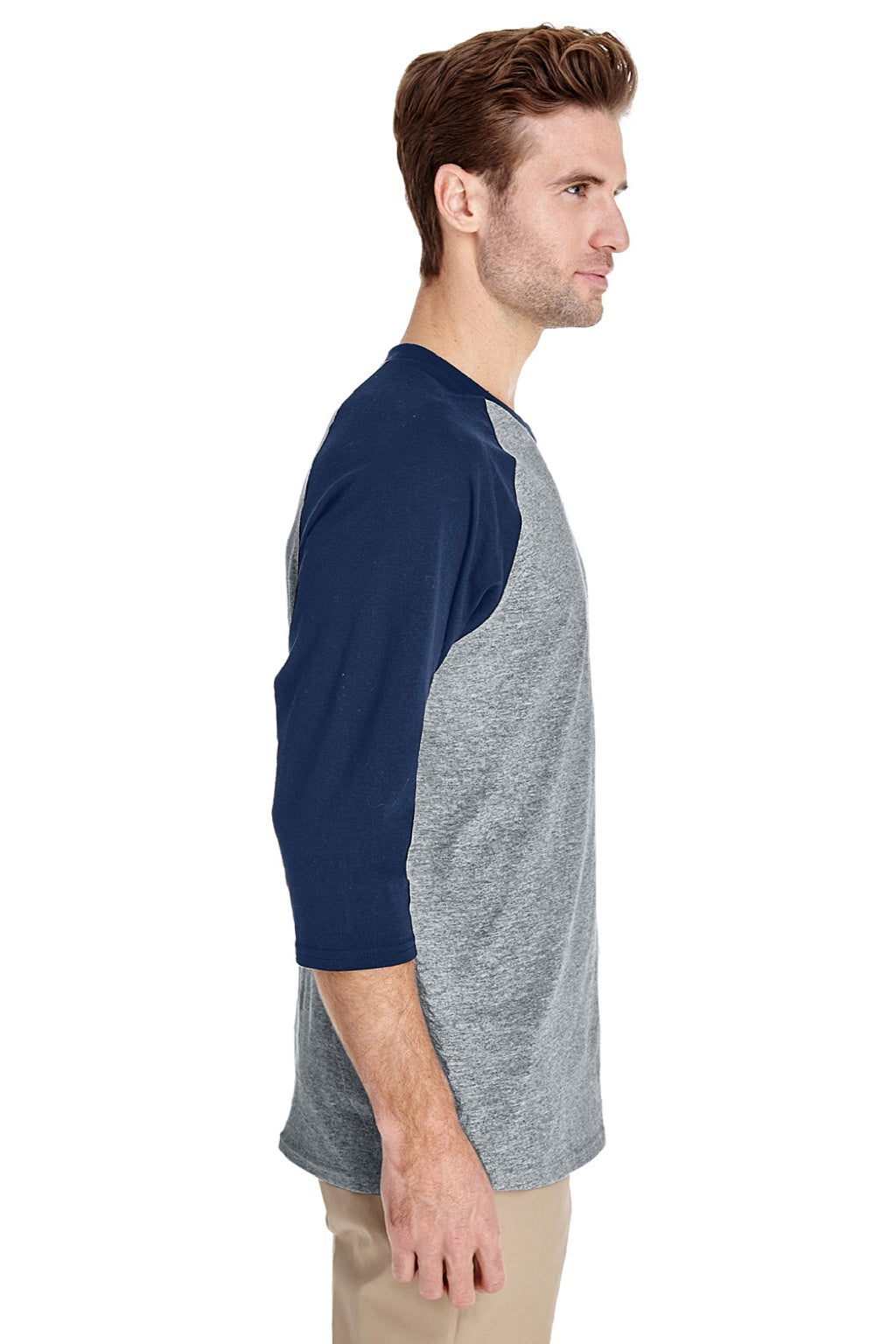 Gildan 5700 Mens 3/4 Sleeve Crewneck T-Shirt Sport Grey/Navy Blue Model Side