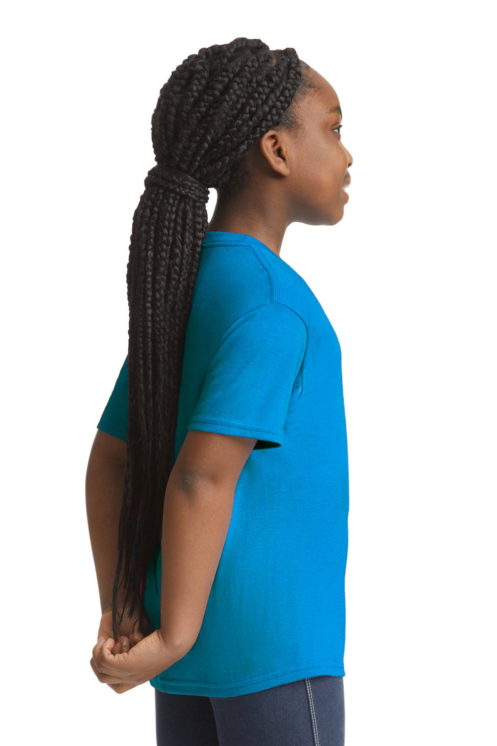 Gildan 64000B Youth Softstyle Short Sleeve Crewneck T-Shirt Sapphire Blue Model Side