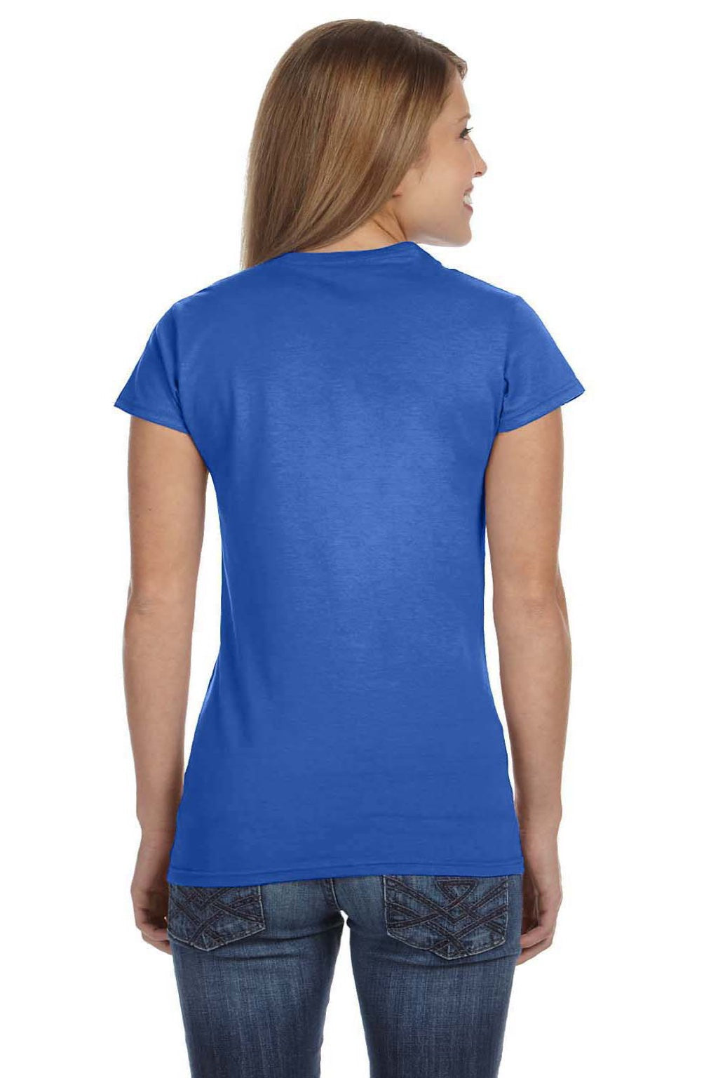 Gildan 64000L Womens Softstyle Short Sleeve Crewneck T-Shirt Heather Royal Blue Model Back