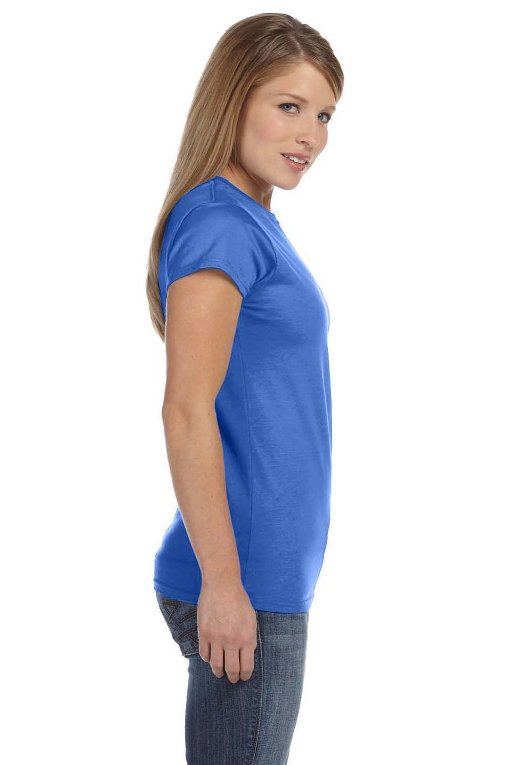 Gildan 64000L Womens Softstyle Short Sleeve Crewneck T-Shirt Heather Royal Blue Model Side