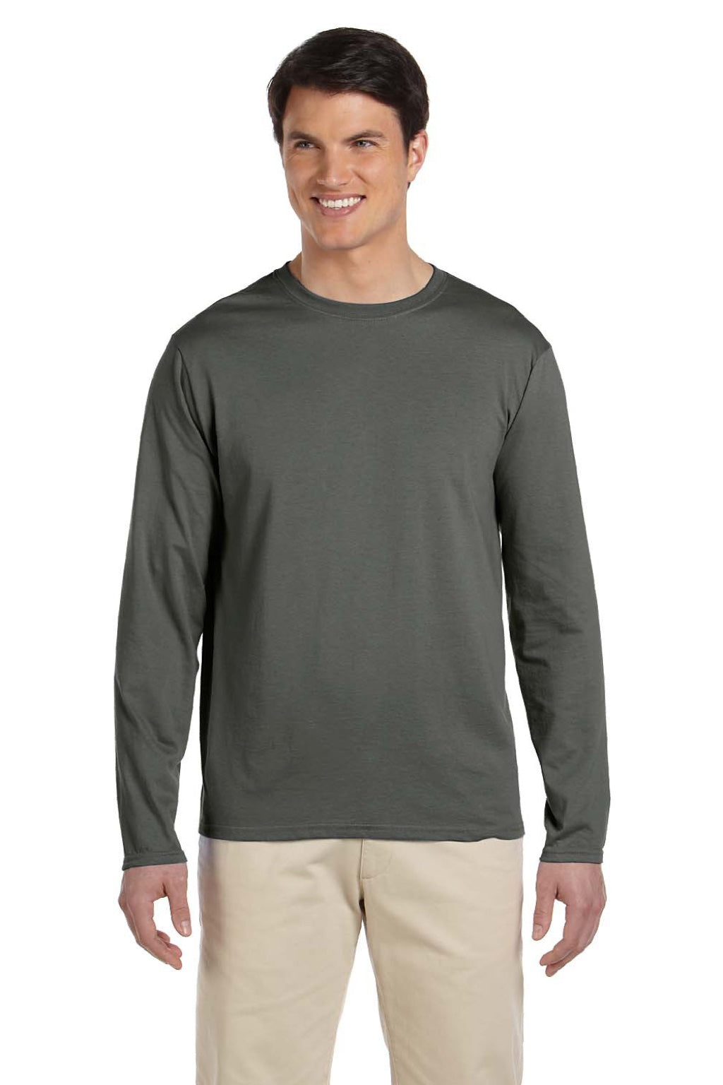 Gildan 64400 Mens Softstyle Long Sleeve Crewneck T-Shirt Military Green Model Front