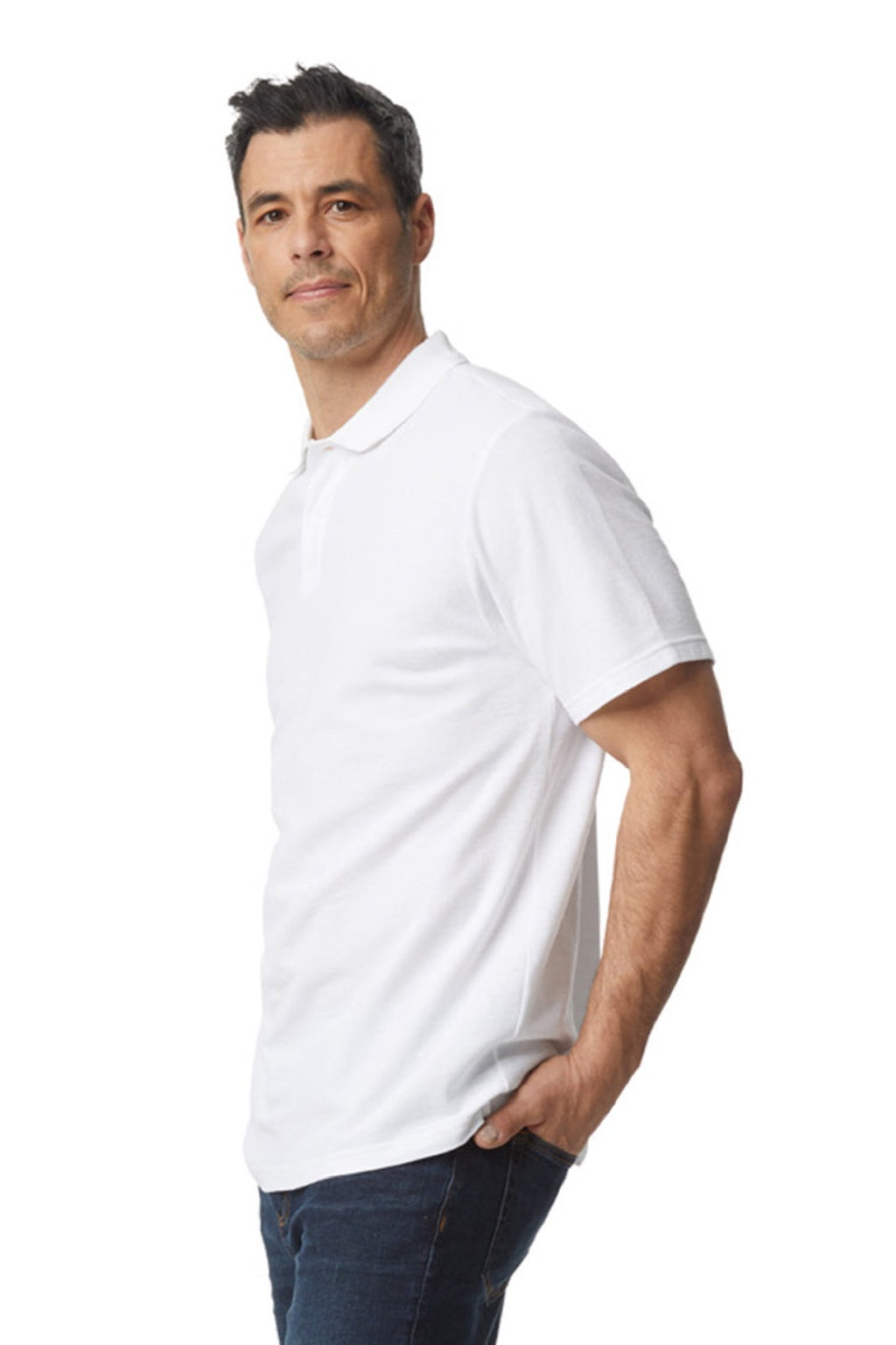 Gildan 64800 Mens Softstyle Pique Short Sleeve Polo Shirt White Model Side