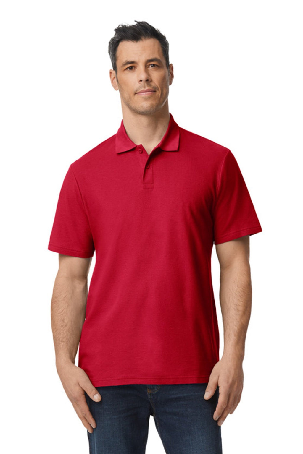 Gildan 64800 Mens Softstyle Pique Short Sleeve Polo Shirt Cherry Red Model Front