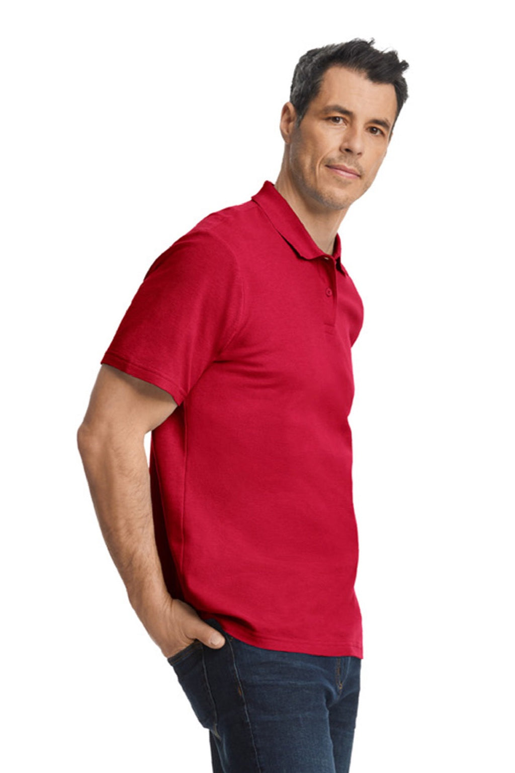 Gildan 64800 Mens Softstyle Pique Short Sleeve Polo Shirt Cherry Red Model Side