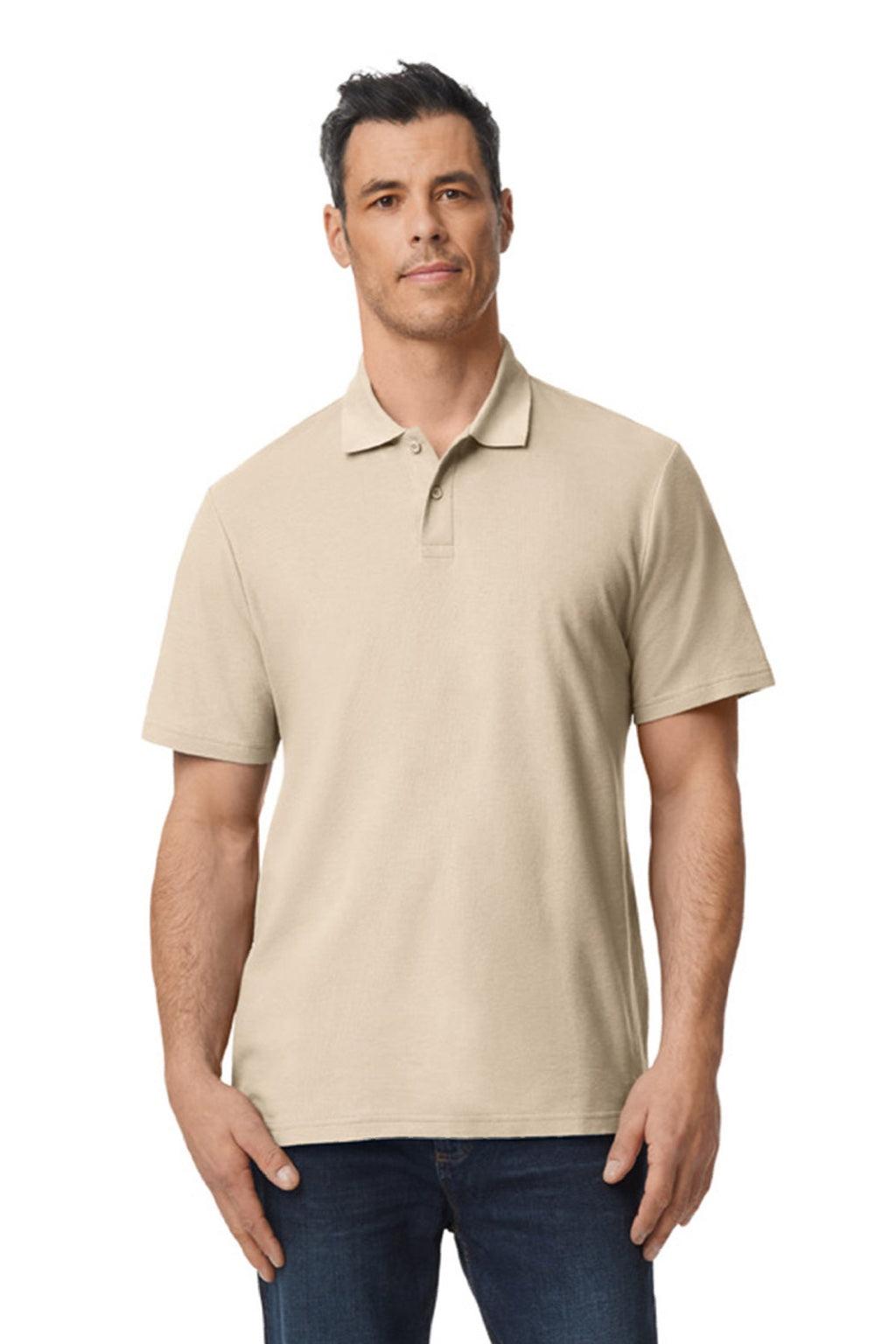 Gildan 64800 Mens Softstyle Pique Short Sleeve Polo Shirt Sand Model Front