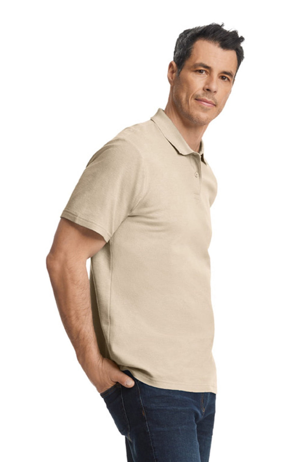 Gildan 64800 Mens Softstyle Pique Short Sleeve Polo Shirt Sand Model Side