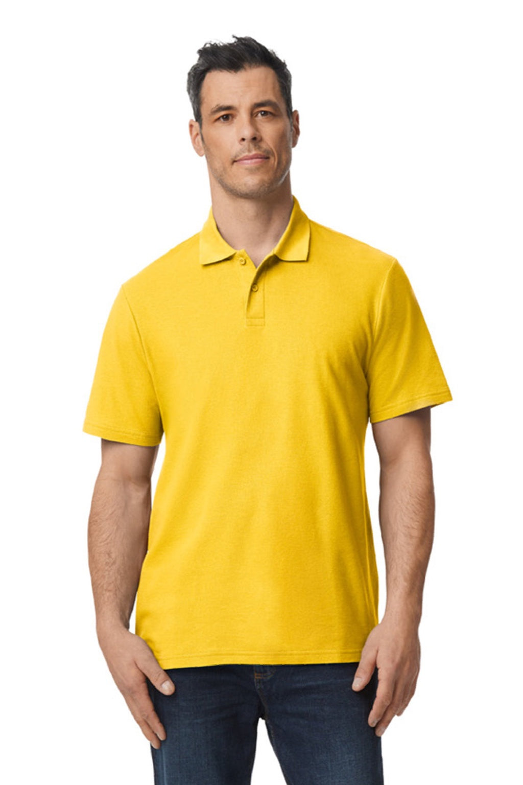 Gildan 64800 Mens Softstyle Pique Short Sleeve Polo Shirt Daisy Yellow Model Front