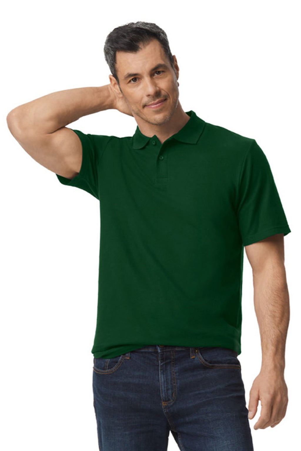 Gildan 64800 Mens Softstyle Pique Short Sleeve Polo Shirt Forest Green Model Front