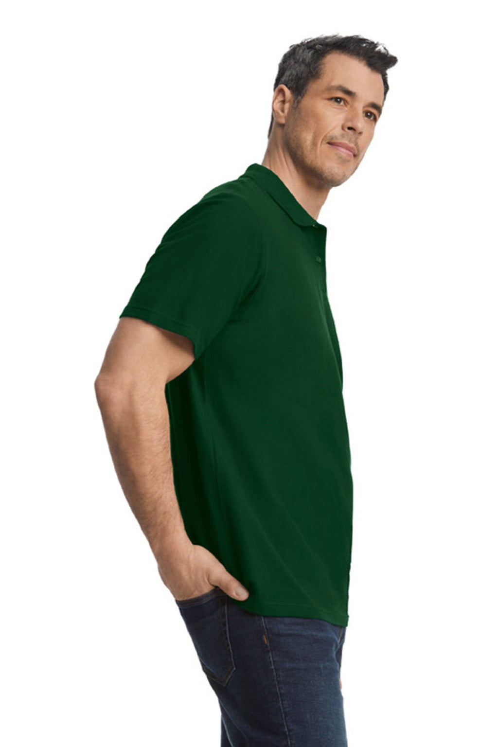 Gildan 64800 Mens Softstyle Pique Short Sleeve Polo Shirt Forest Green Model Side
