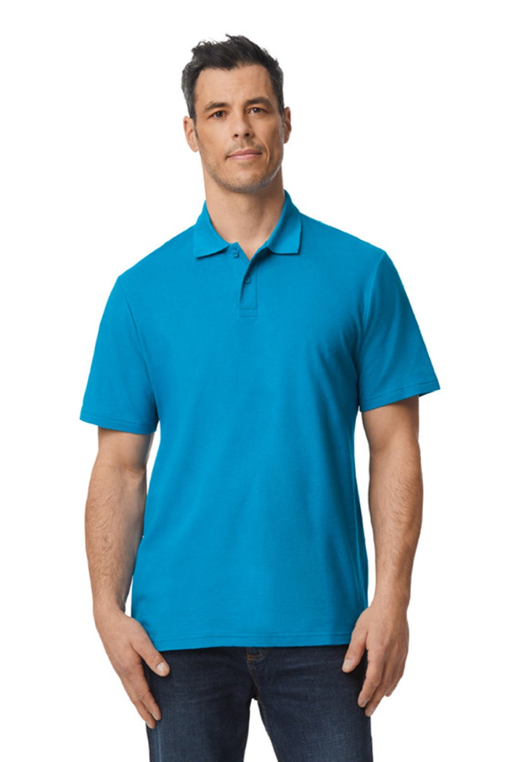 Gildan 64800 Mens Softstyle Pique Short Sleeve Polo Shirt Sapphire Blue Model Front