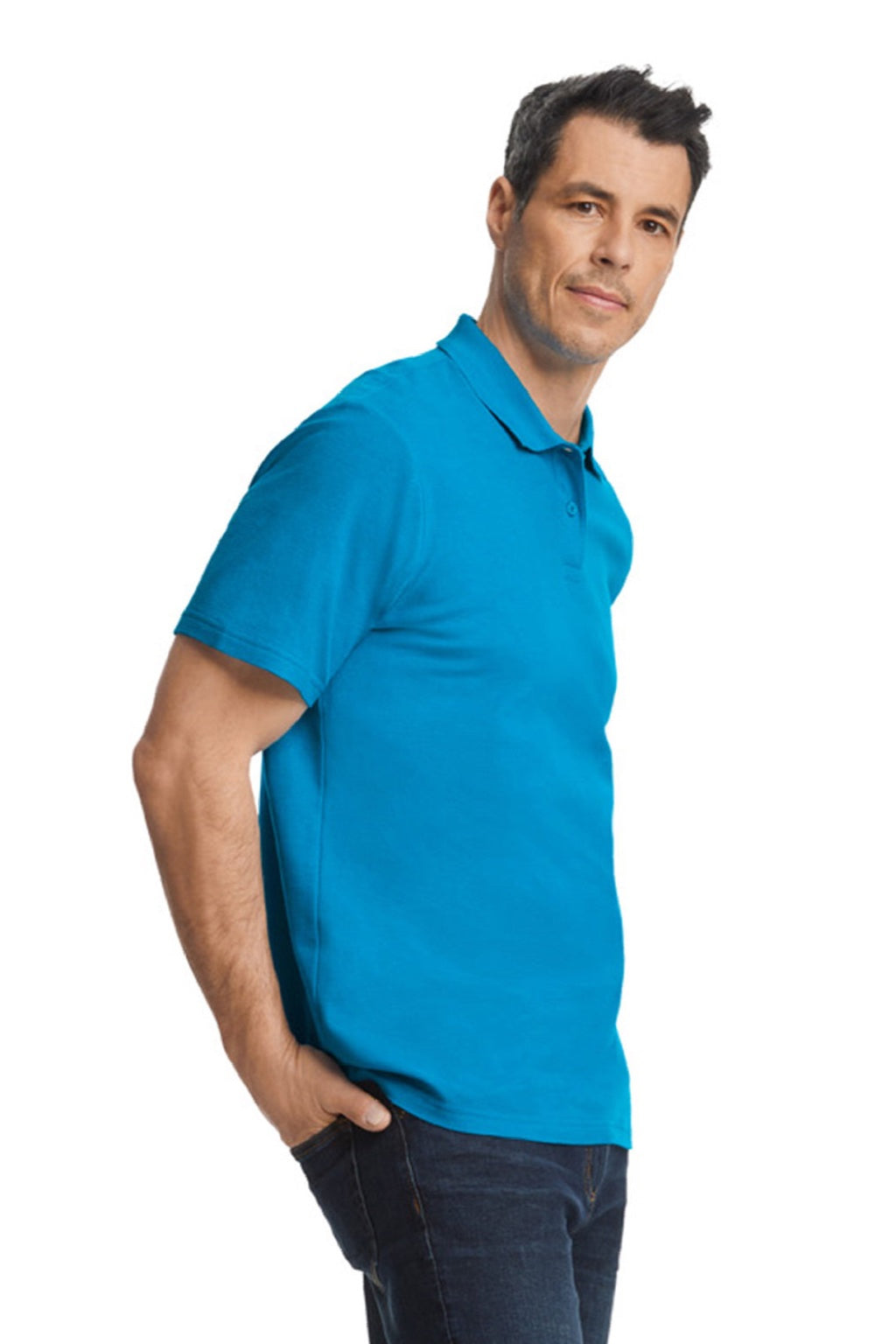 Gildan 64800 Mens Softstyle Pique Short Sleeve Polo Shirt Sapphire Blue Model Side