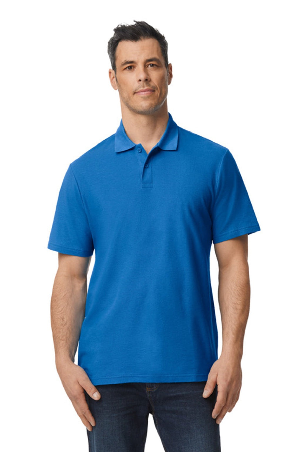 Gildan 64800 Mens Softstyle Pique Short Sleeve Polo Shirt Royal Blue Model Front