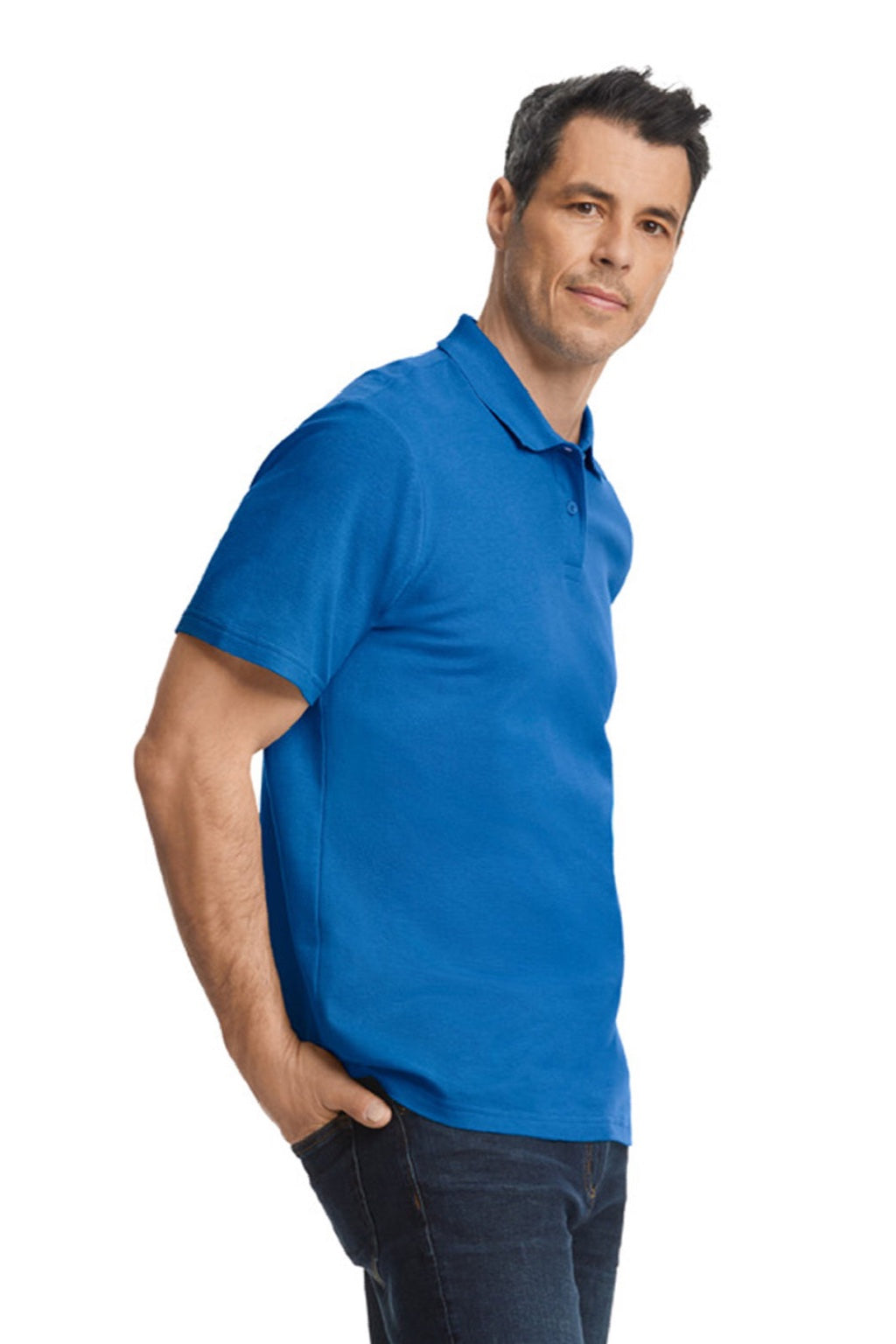 Gildan 64800 Mens Softstyle Pique Short Sleeve Polo Shirt Royal Blue Model Side