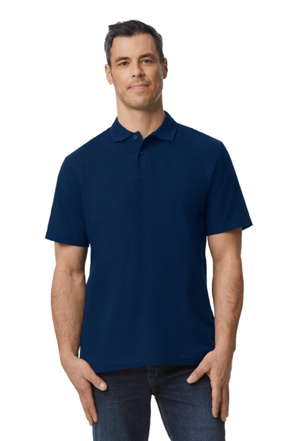 Gildan 64800 Mens Softstyle Pique Short Sleeve Polo Shirt Navy Blue Model Front