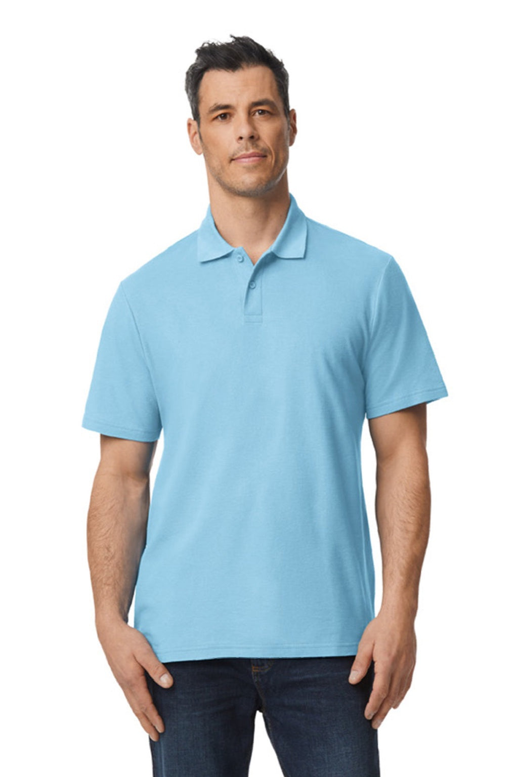 Gildan 64800 Mens Softstyle Pique Short Sleeve Polo Shirt Light Blue Model Front