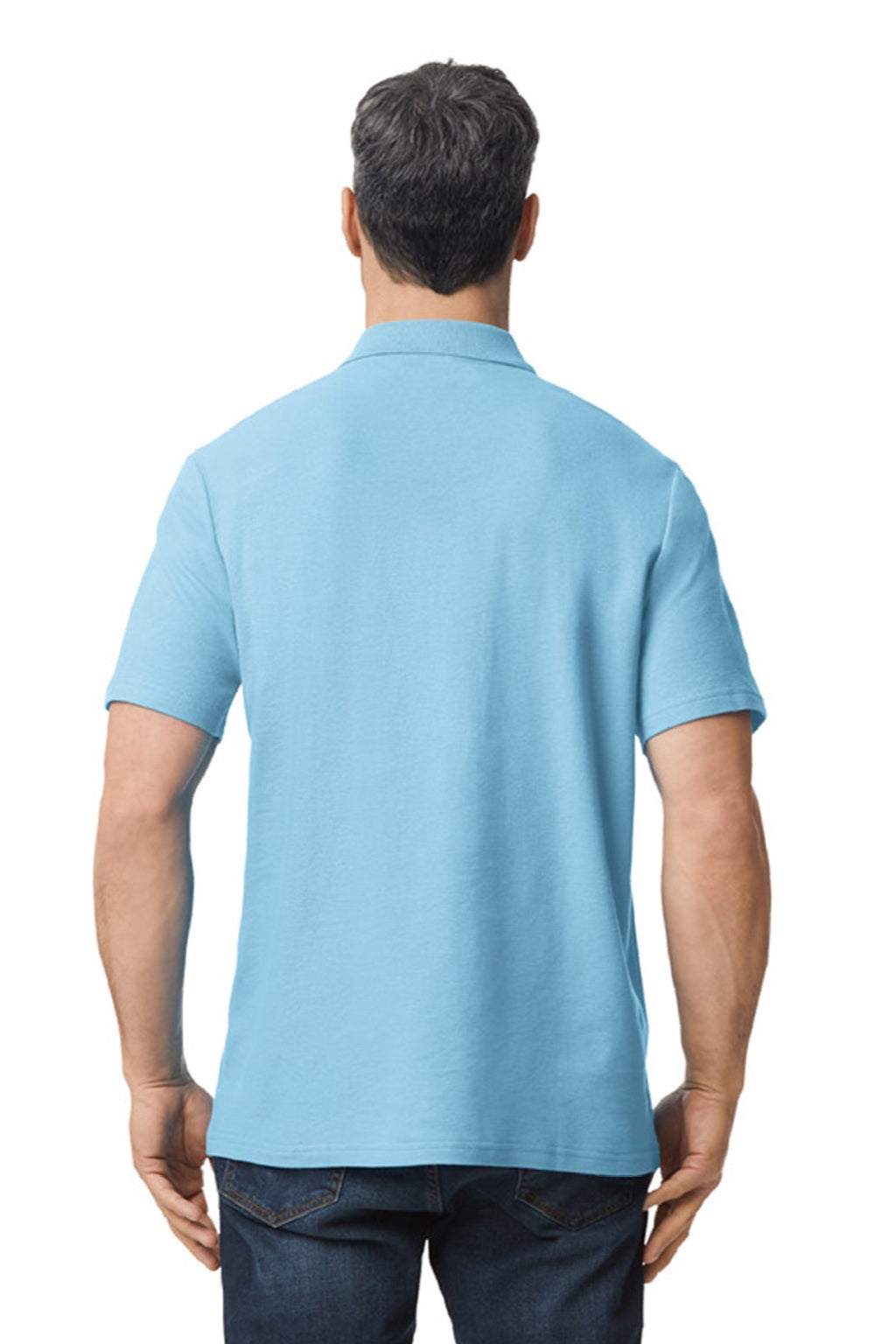 Gildan 64800 Mens Softstyle Pique Short Sleeve Polo Shirt Light Blue Model Back