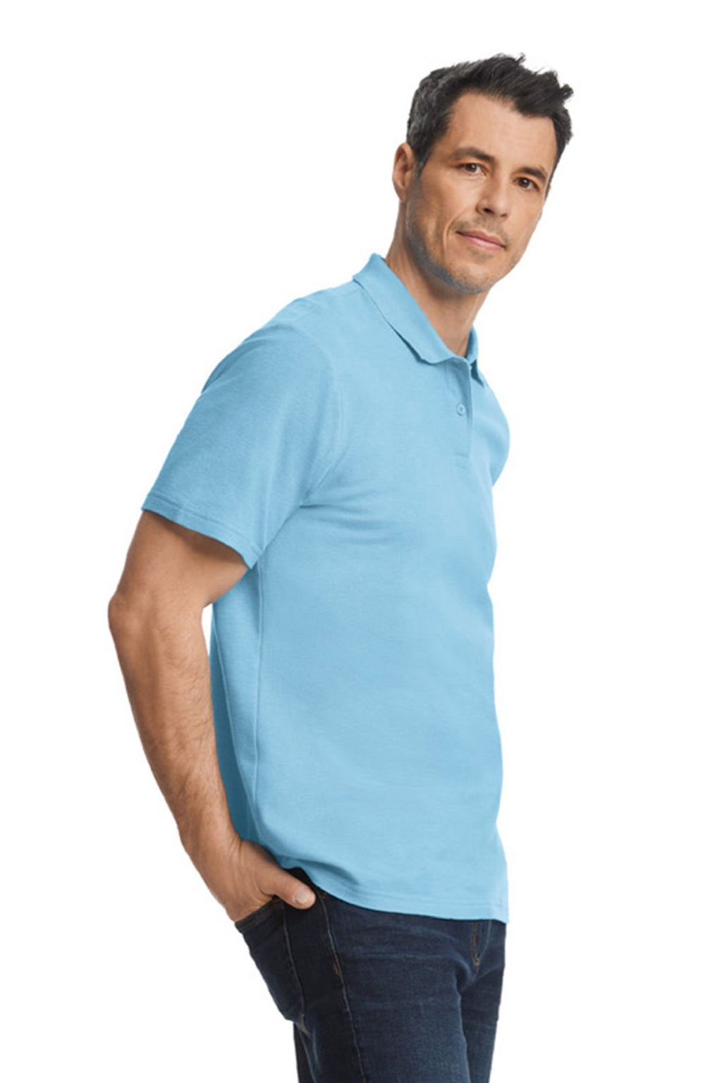 Gildan 64800 Mens Softstyle Pique Short Sleeve Polo Shirt Light Blue Model Side