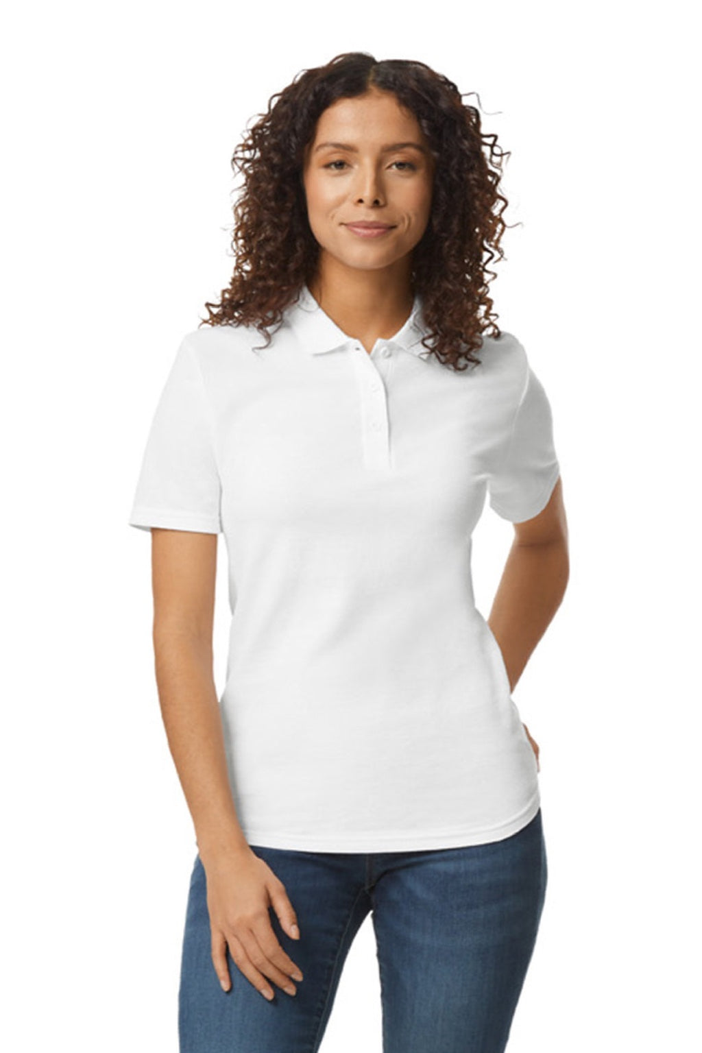 Gildan 64800L Womens Softstyle Pique Short Sleeve Polo Shirt White Model Front